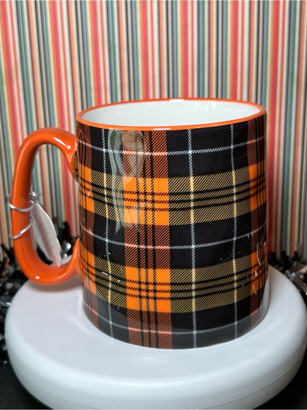 Harvest Orange & Black Plaid Ceramic Mug with Orange Handle Halloween Cozy Drink
